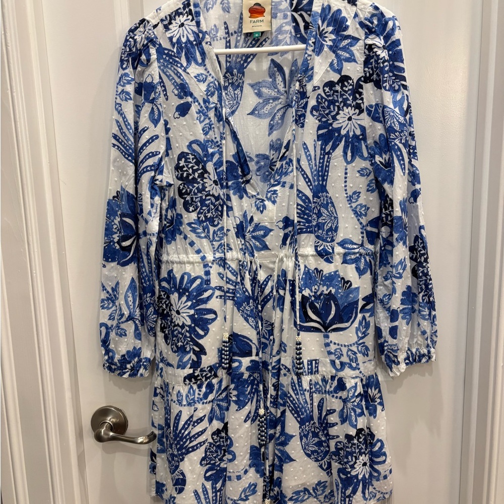 FARM Rio Blue and White Leaf Print Kimono